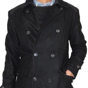Jack & Jones Mens Wool Pea Coat with Cuff Straps Black Designer Jacket